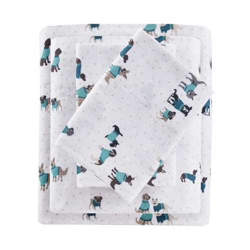 Intelligent Design Cozy Soft 100% Cotton Flannel Novelty Print Animals Stars Cute Warm, Ultra Soft Cold Weather Sheet Set Bedding, Full, Teal Dogs 4 Piece