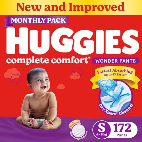 Huggies Complete Comfort Wonder Pants | Pant Style Baby Diapers Small Size (S), 172 Count | India's Fastest Absorbing Diaper, Prevents Diaper Rash, Id