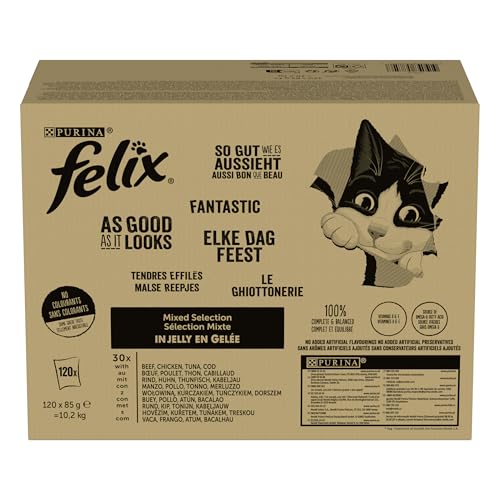 11,00€ Coupon! FELIX So gut wie es aussieht Nassfutter für Katzen Gemischte Vielfalt Vorteilspack, 120 praktische Portionsbeutel, zarte Stückchen in Gelee, 4 leckere Sorten, 100% vollständige Ernährung