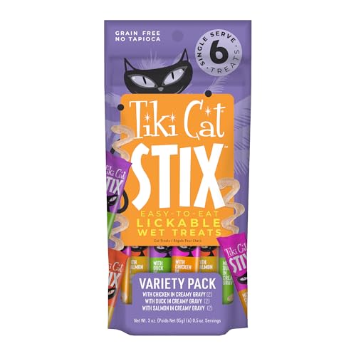 Tiki Cat Stix Wet Treats, Grain Free Lickable Smooth Mousse Blend in Creamy Gravy, Variety Pack 6 Stix 1 Pouch