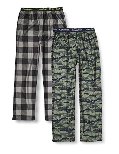 Calvin Klein Boys' Super Soft Pajama Pants, 2-Pack, Cozy Sleepwear for Kids, Green Camo/Black Plaid, Medium