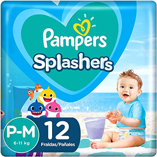 Fralda Pampers Splashers Para Nadar Baby Shark Tamanho P-M 12 Unidades