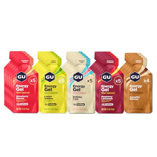 GU Energy Original Sports Nutrition Energy Gels, 24-Count, Vegan, Gluten-Free, Kosher, and Dairy-Free On-the-Go Energy for Any Workout, Assorted Caffeine-Free Flavors Variety Pack