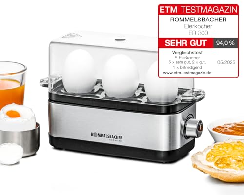 (-20%) ROMMELSBACHER Eierkocher ER 300 - für 1-3 Eier, einstellbarer Härtegrad, elektronische Kochzeitüberwachung, Heizschale aus Edelstahl, Messbecher mit Eipick, Kabelaufwicklung, 300 Watt