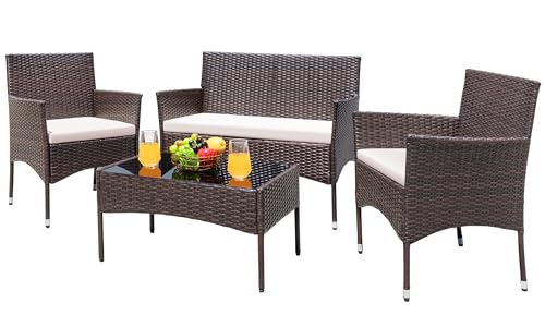Greesum Patio Furniture 4 Pieces Conversation Sets Outdoor Wicker Rattan Chairs Garden Backyard Balcony Porch Poolside loveseat with Soft Cushion and Glass Table, Brown and Beige