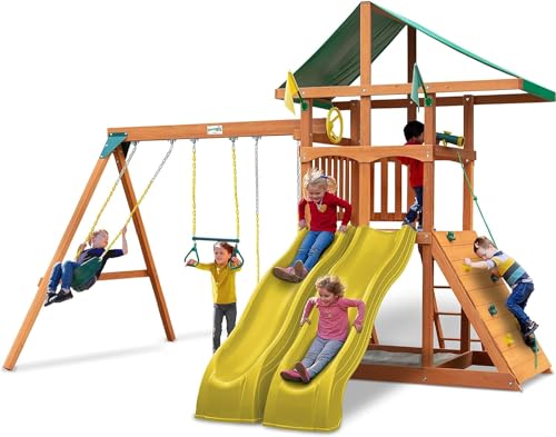 Gorilla Playsets Wood Swing Set with Green Vinyl Canopy Good for Small Yards A fun option made of