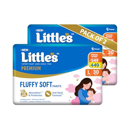 Little's Premium Baby Diapers L Size (Large) Pants Style | 9-14 kg | 60 Count | FluffySoft Baby Diaper with Leakage Guard, Wetness Indicator & 12 Hour
