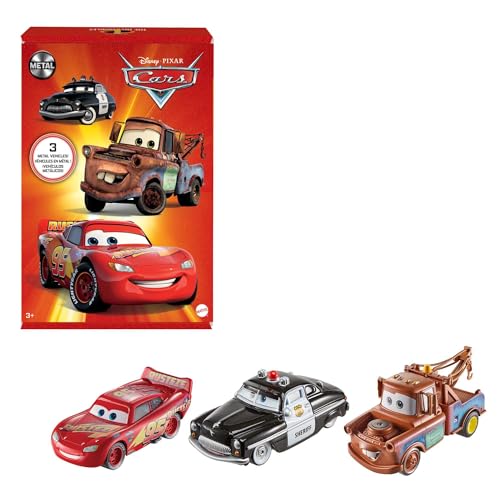 Mattel Disney and Pixar Cars Toys, Radiator Springs 3-Pack with Lightning McQueen, Mater and Sheriff Die-Cast Toy Cars, HBW14
