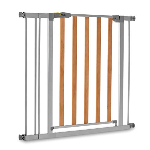 🔥 STARKER PREIS (-56%) hauck Treppenschutzgitter / Türschutzgitter mit Holzoptik Woodlock 2 mit 9 cm Verlängerung für Breiten 84 - 89 cm, ohne Bohren, 0-24 Monate, Einhändiges Öffnen, Beidseitig Schwenkbar, Metall (Silver)