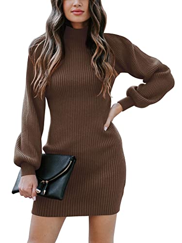ANRABESS Women Long Sleeve Turtle Mock Neck Rib Knit Stretch Slim Fitted Bodycon Sweater Mini Short Dress 2025 Fall Outfits Brown Small