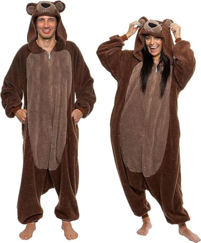 Funziez! Sherpa Bear Adult Onesie - Animal Halloween Costume - Plush Teddy One Piece Cosplay Suit for Adults, Women and Men(Brown, Large)