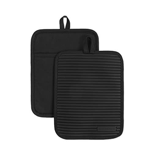 KITCHENAID Ribbed Soft Silicone Pot Holder 2-Pack Set, Matte Black, 7"x9"