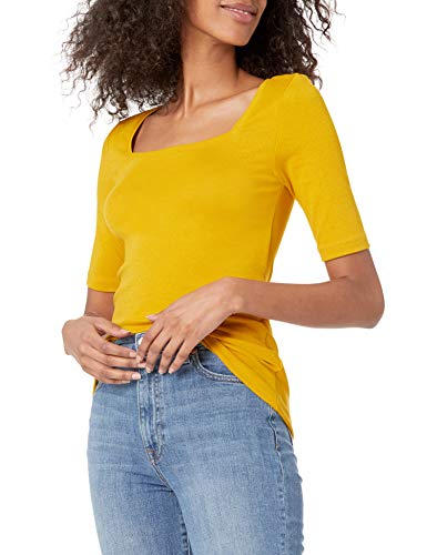 Amazon Essentials Women's Slim-Fit Half Sleeve Square Neck T-Shirt, Dark Yellow, Small