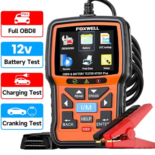 Upgraded of NT301, 2-in-1 FOXWELL NT301 Plus OBD2 Scanner Car Battery Tester, Professional Code Reader Check Engine Diag