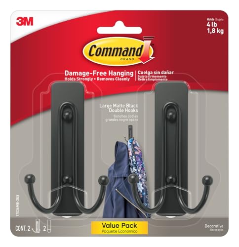 Command Large Matte Black Double Hooks, 2 Hooks and 2 Command Strips, Damage Free Hanging Wall Hooks with Adhesive Strips, No Tools Coat Hooks for Hanging Home Decor, Holds up to 4 lb