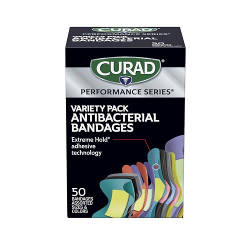 CURAD Performance Series IRONMAN Antibacterial Bandages, Extreme Hold Adhesive Technology, Finger & Knuckle Bandages, Flexible Fabric, Variety Pack with Assorted Sizes & Colors, 50 Count