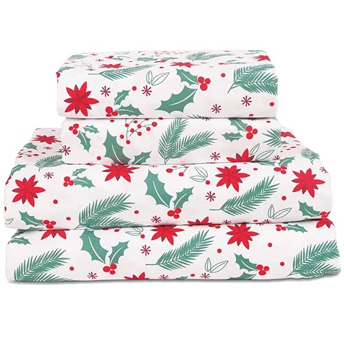Aubrie Home Accents 4-Piece Christmas Greens Holiday Mistletoe Poinsettia Deep Pocket Microfiber Bed Sheet Set, Full, Green Red White