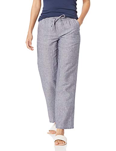 Amazon Essentials Women's Pull On Linen Blend Drawstring Relaxed Fit Wide Leg Pant Grey Vertical Stripe Large
