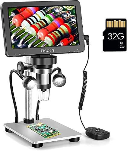 7'' Digital Microscope 1200X,Dcorn 12MP 1080P Photo/Video Microscope for Adults Soldering Coins,Metal Stand,Wired Remote,10 LED Fill Lights,PC View,Windows/Mac Compatible