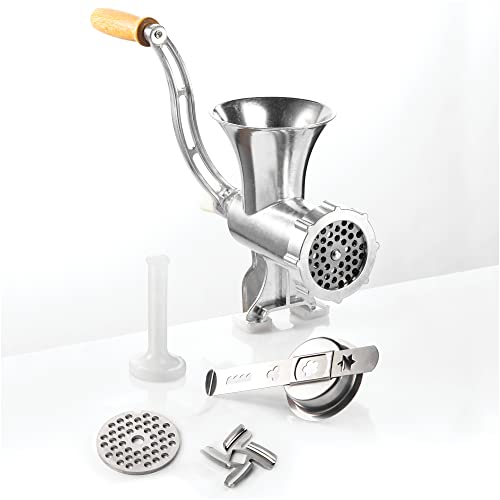 (-35%) GSW Fleischwolf Größe Nr. 8 – hochwertiger Fleischwolf mit Edelstahl-Messer und -lochscheibe, ideal für Fleisch und Gemüse, inkl. Gebäckvorsatz und Stößel – Aluminium, Silber