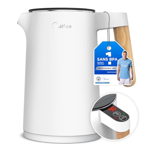 Midea Edelstahl Wasserkocher mit Temperatureinstellung, 45℃-100℃, 1,5 Liter, 2200W Kettle Weiß, Teekocher mit Temperaturanzeige und Sicherheitsfunktionen, BPA f