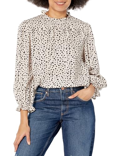 Avanova Women's Leopard Printed Ruffle Hem 3/4 Sleeve Mock Neck Elegant Work Blouses Top Beige Large