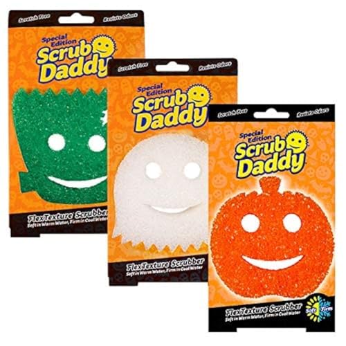 Scrub Daddy Halloween Scrubber, Cleaning Sponges for Washing Up, Dish, Kitchen Sponge, Non Scratch Multi-Use Scrubbing, FlexTexture Firm & Soft Design, Dishwashing Safe, 3-Pack