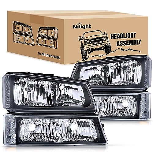 Nilight Headlight Assembly for 2003 2004 2005 2006 Chevy Silverado Avalanche 1500 1500HD 2500 2500HD 3500 Chevrolet Pickup Replacement Headlamp Housing Bumper Lamp Set