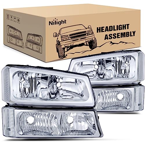 Nilight Headlight Assembly for 2003 2004 2005 2006 Chevy Silverado Avalanche 1500 1500HD 2500 2500HD 3500 Chevrolet Pickup Replacement Headlamp Housing Bumper Lamp Set