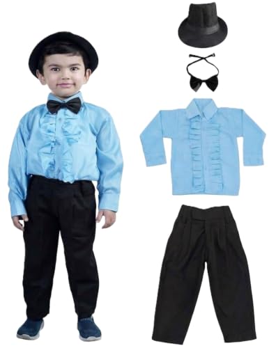 BookMyCostume Ballroom Western Dance Blue Frill Shirt Black Pant Hat & Bow Set Kids Fancy Dress Costume