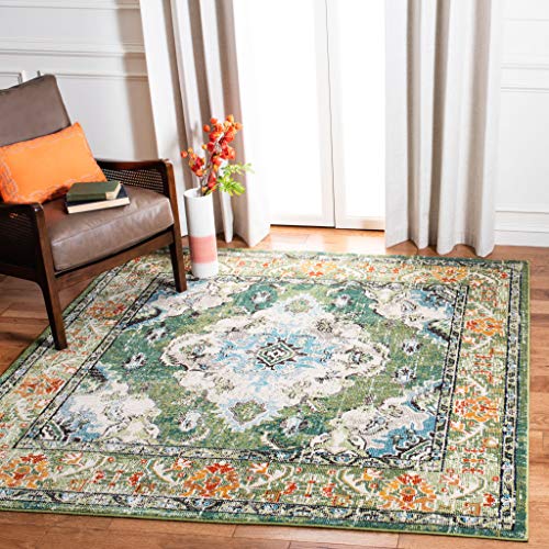 SAFAVIEH Monaco Collection Area Rug - 8' Square, Forest Green & Light Blue, Medallion Distressed Design, Non-Shedding & Easy Care, Ideal for High Traffic Areas in Living Room, Bedroom (MNC243F)