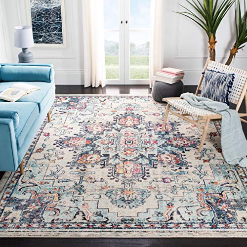 SAFAVIEH Madison Collection Area Rug - 10' Square, Cream & Blue, Boho Chic Medallion Distressed Design, Non-Shedding & Easy Care, Ideal for High Traffic Areas in Living Room, Bedroom (MAD473B)
