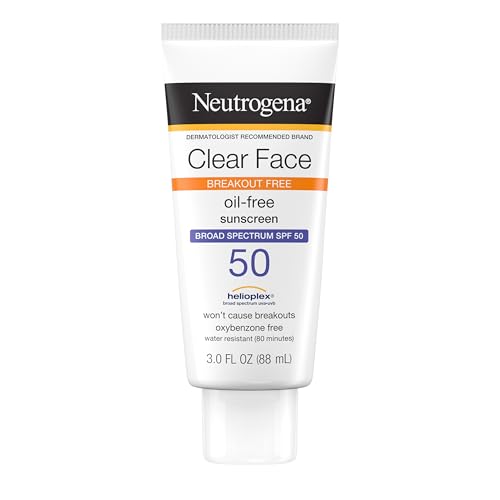 Neutrogena Clear Face Sunscreen Lotion for Acne-Prone Skin, Broad Spectrum SPF 50, Sunscreen for Face & Oily Skin, Oil-,Fragrance- & Oxybenzone-Free, Water Resistant, Matte, Unscented, 3 Fl Oz
