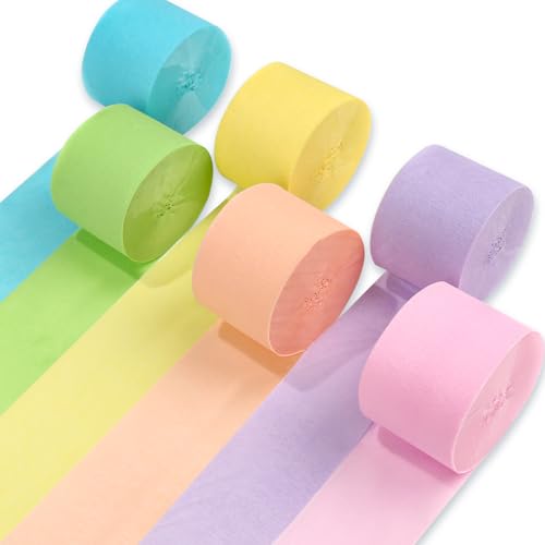 PartyWoo Crepe Paper Streamers 6 Rolls 492ft, Pack of Party Streamers in 6 Pastel Colors for Birthday Decorations, Party