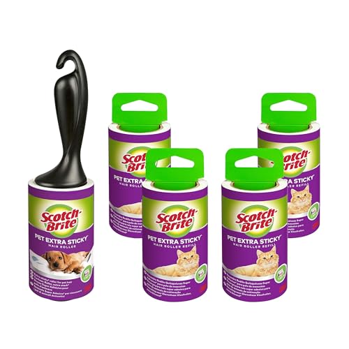 🔥 STARKER PREIS (-30%) Scotch-Brite Pet Extra Sticky Fusselrolle für Tierhaare, 48 Blatt, 5 Rollen mit 1 Abroller, 240 Blatt pro Packung - Extra Klebrige Fusselrolle für Kleidung, Haare, Katzenhaare, Hundehaare