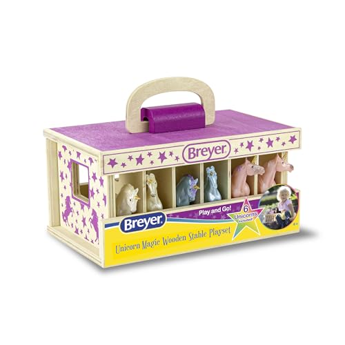 Breyer Unicorn Magic Wooden Carry Stable Playset with 6 Unicorns – Unicorn Gifts for Girls | Toys for Kids Ages 4–8 | Hand-Painted Horses in Carrying Case | Imaginative Play Set