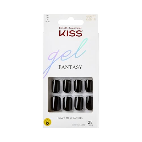 KISS Gel Fantasy Press On Nails, Nail glue included, 'Aim High', Black, Short Size, Squoval Shape, Includes 28 Nails, 2g Glue, 1 Manicure Stick, 1 Mini File, 1 Adhesive Tab