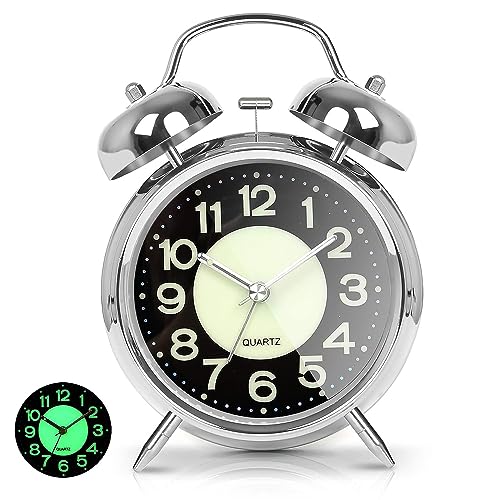 AYRELY® Super Loud Alarm Clock for Heavy Sleepers Adults,Twin Bell Retro 4 Inch Silent Non-Ticking Quartz with Backlight, Luminous dial, Alarm Clocks for Bedrooms Bedside (Silver)