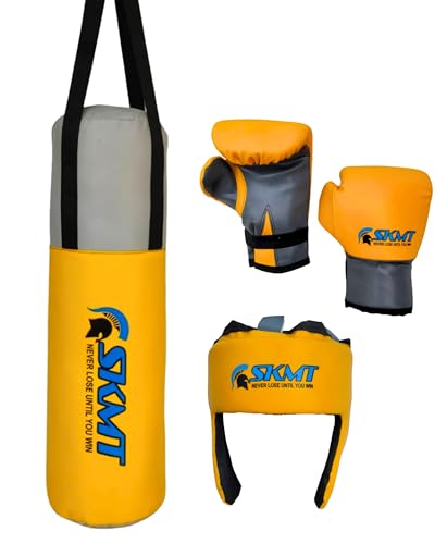 SKMT Never Lose Until You Win - Kids Boxing kit Yellow (Filled Punching Bag, Gloves and Headgear, Age 7-12 Years)
