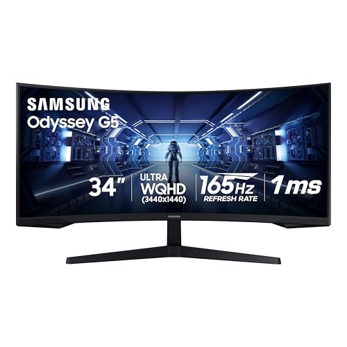 Samsung 34" Odyssey G5 Ultra-Wide Gaming Monitor with 1000R Curved Screen, 165Hz, 1ms, FreeSync Premium, Large Display, Eye Comfort, Multiple Ports, WQHD, LC34G55TWWNXZA, Black