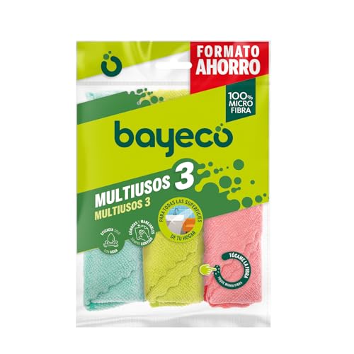 Bayeco - Pack Bayetas Multiusos - 100% Microfibra - Todo tipo de superficies - Gran capacidad de absorción y acabados sin marcas ni pelusas, sólo con agua , 3 Unidades ( Paquete de 1)