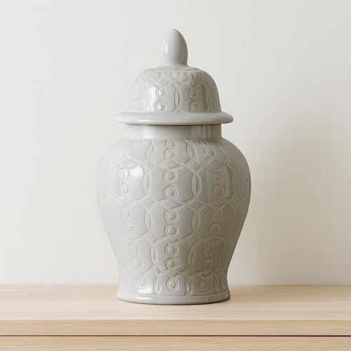 Stoneware Ginger Jar with Lid – Chinoiserie Inspired Ceramic Decorative Accent – Home Decor & Indoor Display Piece for Living Room, Entryway, or Bedroom – 10.5", Ivory White