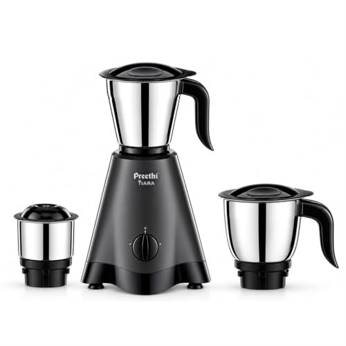 Preethi Tiara 500 Watts Mixer Grinder, 3 Jars (Stainless Steel), Perfect for Grinding Masalas, Chutneys and Purees, 2 Year Warranty, Lifelong Free Ser