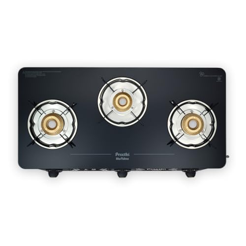 Preethi Alya 3 Burner Glass Top Gas Stove, 5-Year Glass & Burner Warranty | Heavy-duty brass burners and a 6mm toughened glass top, with a 5-year warr