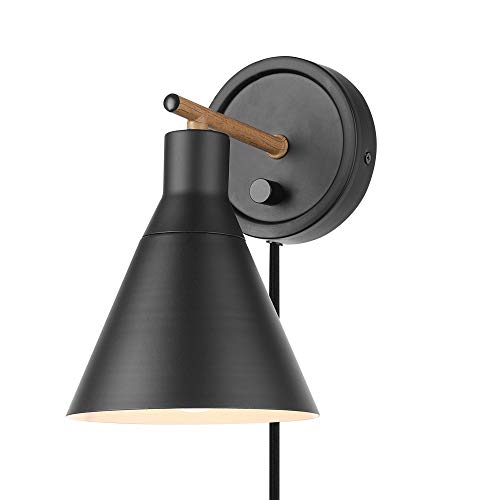 GLOBE Electric 51725 1-Light Dimmable Plug-in or Hardwire Wall Sconce, Matte Black, Faux Walnut Accent, Stepless Dimming Rotary Switch on Canopy, Black Fabric Cord, Bulb Not Included