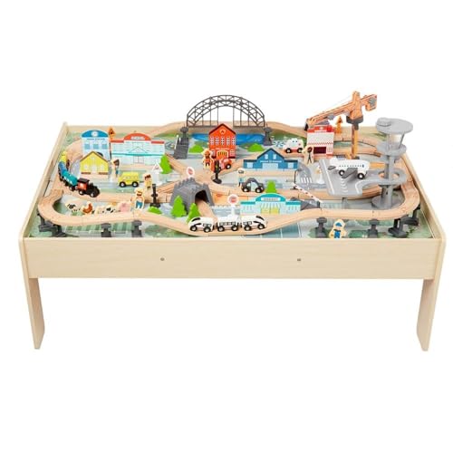 Amazon Basics 120 Piece Wooden Train Set with Table, Sturdy Tracks and Storage Bin, Multi-Activity, Kids Gift for Age 3Y+, 48.62 x 18.07 x 7.01 in