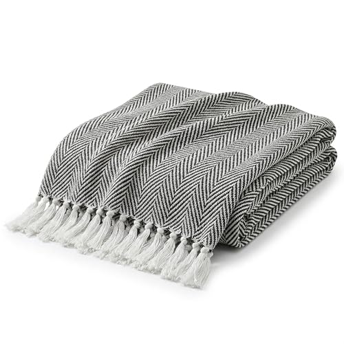 Americanflat Throw Blanket for Couch in Black and White Herringbone 50" x 60" - All Seasons Lightweight Cozy Soft Blankets & Throws for Bed and Sofa - 100% Cotton with Fringe