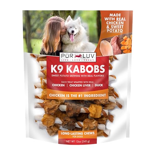 Pur Luv Dog Treats, K9 Kabobs Made with Real Chicken, Duck, and Sweet Potato, 12 Ounces, Dog Snacks, Healthy, Easily Dig