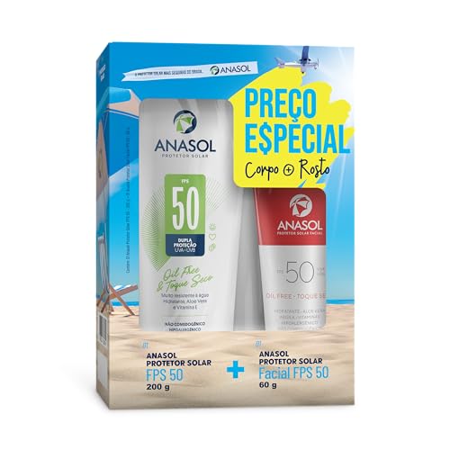 Protetor Solar Facial e Corporal Anasol, FPS 50, 60g e 200g | Kit com 2 Unidades, Proteção UVA e UVB, Oil Free, Toque Seco