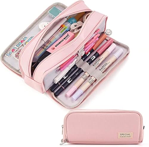 CICIMELON Large Capacity Pencil Case 3 Compartment Pouch Pen Bag for School Teen Girl Boy Men Women (Pink)